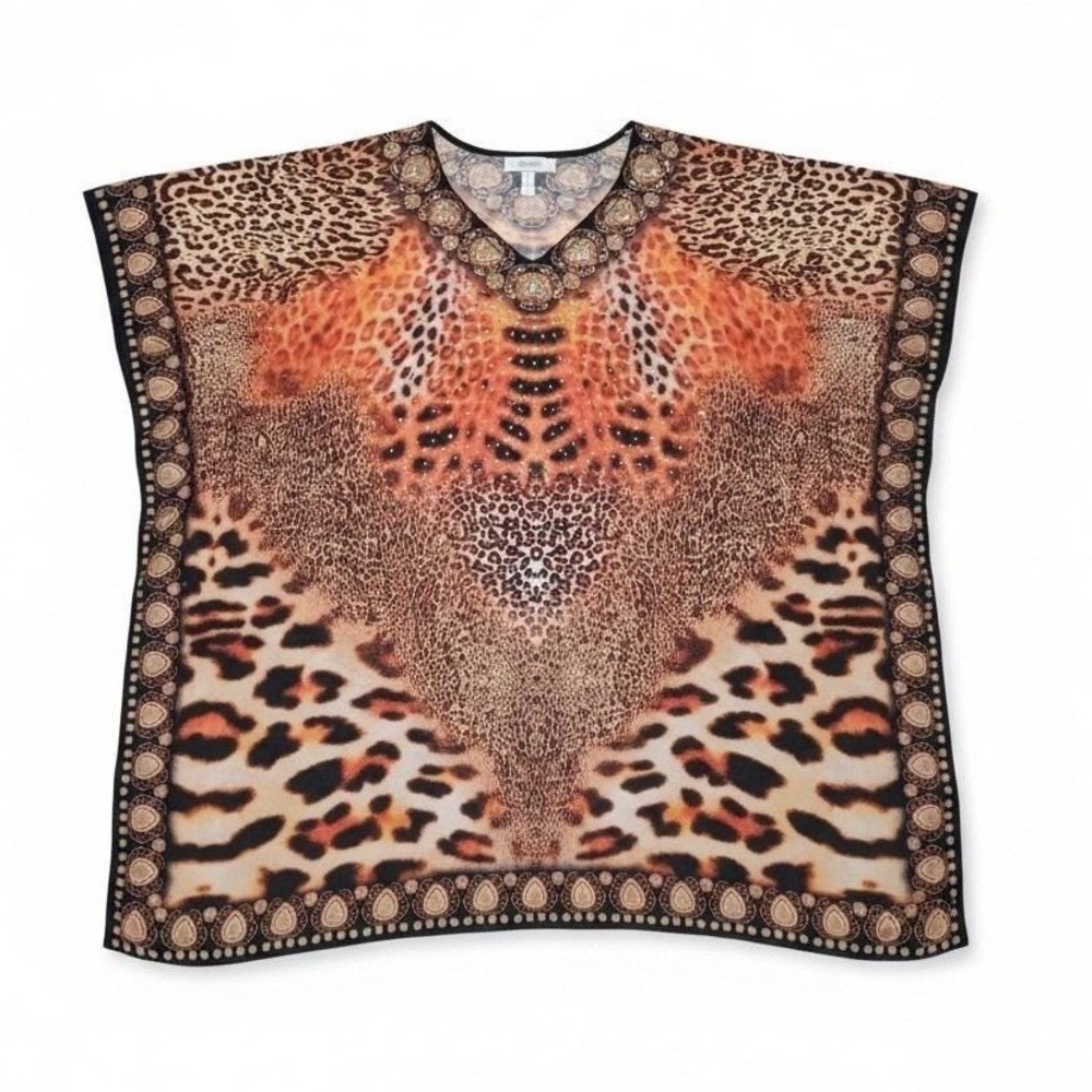 Jessica Taylor‎ Vtg Leopard Print Rhinestone V Neck Kaftan Tunic Top One Size
